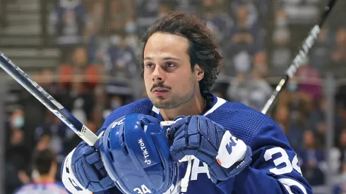 Auston Matthews #34 of the Toronto Maple Leafs gets set to play against the New York Rangers in an NHL game at Scotiabank Arena on October 18, 2021 in Toronto, Ontario, Canada.