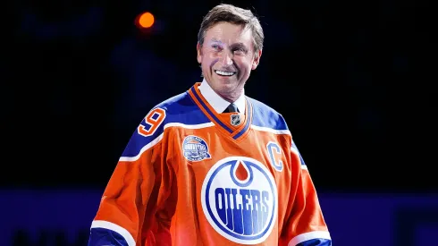 Former Edmonton Oilers forward Wayne Gretzky greets fans during the closing ceremonies at Rexall Place following the game between the Edmonton Oilers and the Vancouver Canucks on April 6, 2016.