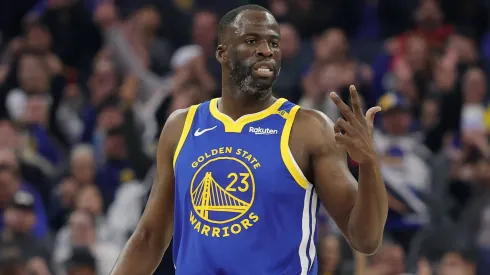 Draymond Green #23 of the Golden State Warriors reacts after the Warriors made a three-point basket against the Portland Trail Blazers.
