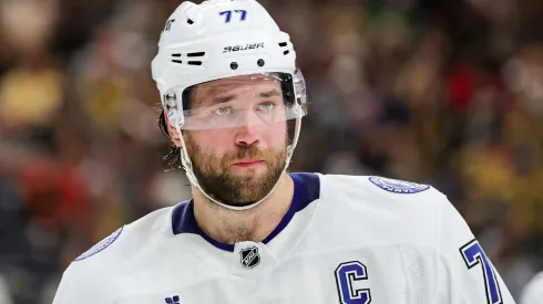 Victor Hedman #77 of the Tampa Bay Lightning waits for a faceoff in the second period of a game against the Vegas Golden Knights at T-Mobile Arena on March 23, 2025 in Las Vegas, Nevada.