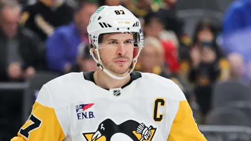  Sidney Crosby #87 of the Pittsburgh Penguins waits for a faceoff in the second period of a game against the Vegas Golden Knights at T-Mobile Arena on March 07, 2025 in Las Vegas, Nevada. 
