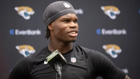Travis Hunter #12 of the Jacksonville Jaguars speaks to the Media during Jacksonville Jaguars Rookie Minicamp at Miller Electric Center on May 10, 2025 in Jacksonville, Florida.