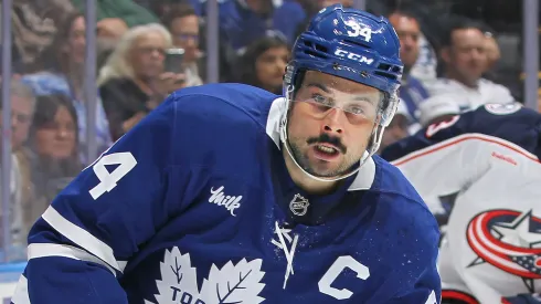 Auston Matthews #34 of the Toronto Maple Leafs skates against the Columbus blue Jackets.