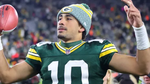 Jordan Love #10 of the Green Bay Packers celebrates defeating the Kansas City Chiefs 27-19 at Lambeau Field on December 03, 2023 in Green Bay, Wisconsin.