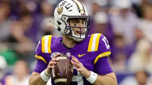 Garrett Nussmeier #13 of the LSU Tigers drops back to pass against the Baylor Bears during the first half in the Kinder's Texas Bowl at NRG Stadium on December 31, 2024 in Houston, Texas.