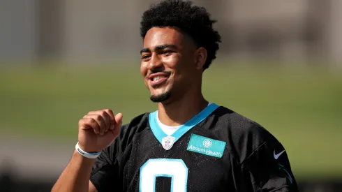 Bryce Young #9 of the Carolina Panthers attends Carolina Panthers Training Camp at Wofford College on July 26, 2023 in Spartanburg, South Carolina.