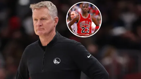 Head coach Steve Kerr of the Golden State Warriors and Michael Jordan #23 of the Chicago Bulls.