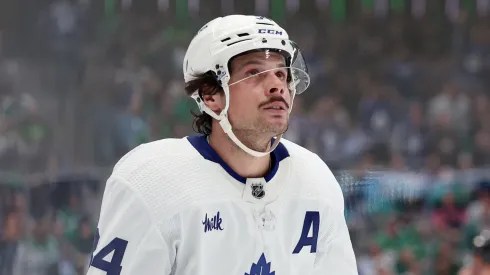 Auston Matthews #34 of the Toronto Maple Leafs celebrates after scoring a goal against the Dallas Stars in the first period at American Airlines Center on December 06, 2022 in Dallas, Texas. 

