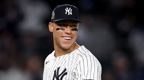 NEW YORK, NEW YORK – APRIL 15: Aaron Judge #99 of the New York Yankees celebrates the win over the Kansas City Royals at Yankee Stadium on April 15, 2025 in the Bronx borough of New York City. All players are wearing the number 42 in honor of Jackie Robinson Day. The New York Yankees defeated the Kansas City Royals 4-2.
