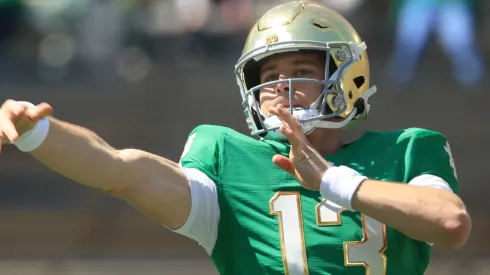 CJ Carr #13 of the Notre Dame Fighting Irish throws a pass during the 94th Annual Notre Dame Blue-Gold Spring Game at Notre Dame Stadium on April 12, 2025 in South Bend, Indiana.