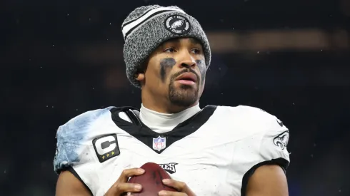 Jalen Hurts #1 of the Philadelphia Eagles warms up during the game against Seattle Seahawks at Lumen Field on December 18, 2023 in Seattle, Washington.