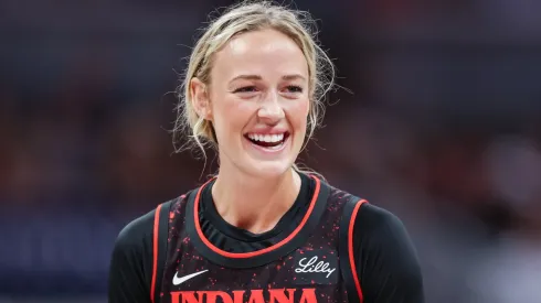 Sophie Cunningham #8 of the Indiana Fever reacts during the first half against the Chicago Sky at Gainbridge Fieldhouse on August 9, 2025 in Indianapolis, Indiana.