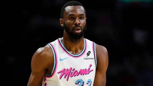 Andrew Wiggins #22 of the Miami Heat looks to pass the ball during the third quarter against the Atlanta Hawks.
