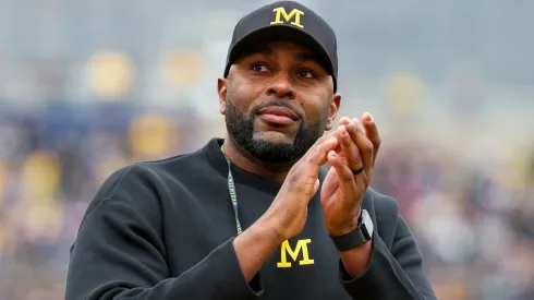 Head coach Sherrone Moore of the Michigan Wolverines looks on during the first half of the Maize vs Blue spring football game at Michigan Stadium on April 19, 2025 in Ann Arbor, Michigan.