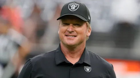 Head coach John Gruden of the Las Vegas Raiders reacts before a game against the Chicago Bears at Allegiant Stadium on October 10, 2021 in Las Vegas, Nevada.