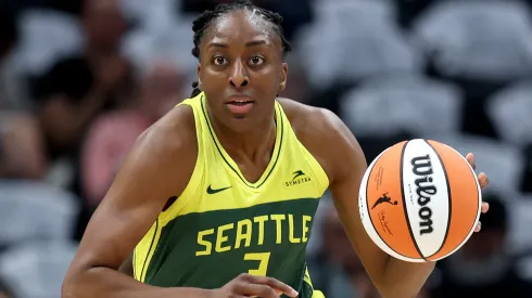 Nneka Ogwumike #3 of the Seattle Storm dribbles against the Minnesota Lynx during the first half at Climate Pledge Arena on August 05, 2025.