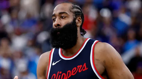 James Harden #1 of the Los Angeles Clippers reacts against the Denver Nuggets during the fourth quarter in Game Three of the Western Conference First Round NBA Playoffs.