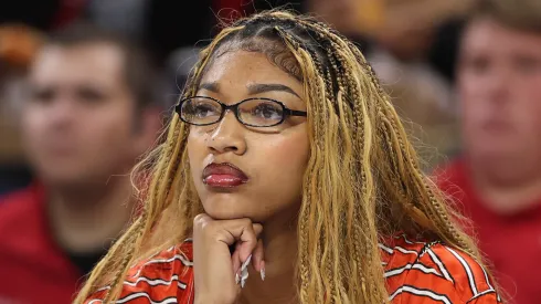 Angel Reese of the Chicago Sky looks on against the Seattle Storm