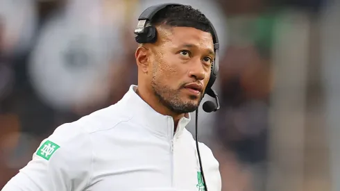 Head coach Marcus Freeman of the Notre Dame Fighting Irish looks on against the Louisville Cardinals during the second half at Notre Dame Stadium on September 28, 2024 in South Bend, Indiana.