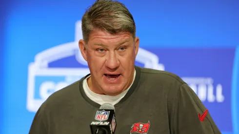 General manager Jason Licht of the Tampa Bay Buccaneers speaks to the media during the NFL Combine at the Indiana Convention Center on February 27, 2024 in Indianapolis, Indiana.