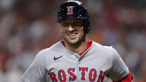 Alex Bregman #2 of the Boston Red Sox reacts after a two run home run during the sixth inning against the Houston Astros at Daikin Park on August 12, 2025 in Houston, Texas.