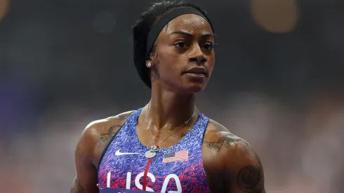 Sha'carri Richardson of Team United States reacts after winning the gold medal in the Women's 4x100m Relay Final on day fourteen of the Olympic Games Paris 2024 at Stade de France on August 09, 2024 in Paris, France.
