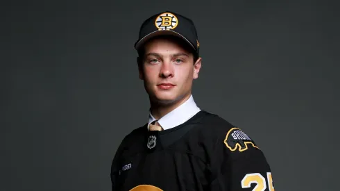 James Hagens poses for a portrait after being drafted by the Boston Bruins with the seventh overall pick during the first round of the 2025 Upper Deck NHL Draft at JW Marriott Los Angeles L.A. LIVE on June 27, 2025 in Los Angeles, California.