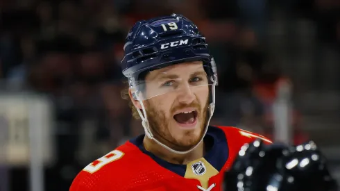 Matthew Tkachuk #19 of the Florida Panthers argues a third period penalty call during the game against the Buffalo Sabres at Amerant Bank Arena on February 27, 2024 in Sunrise, Florida.
