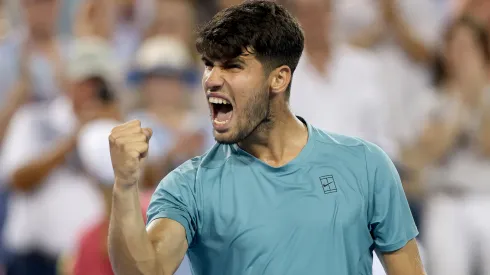 Carlos Alcaraz celebrates his win against Luca Nardi of Italy during the Cincinnati Open at Lindner Family Tennis Center.