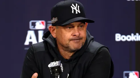Manager Aaron Boone of the New York Yankees speaks to the media during a press conference ahead of the 2024 ALDS at Yankee Stadium on October 01, 2024 in the Bronx borough of New York City.