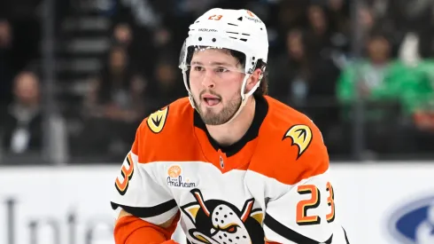 Mason McTavish #23 of the Anaheim Ducks competes in a shootout during the game against the Utah Hockey Club at Delta Center on December 22, 2024 in Salt Lake City, Utah.