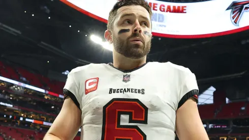 Baker Mayfield #6 of the Tampa Bay Buccaneers reacts after the game against the Atlanta Falcons at Mercedes-Benz Stadium on December 10, 2023 in Atlanta, Georgia.