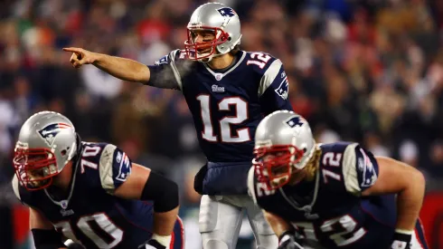 Tom Brady #12 of the New England Patriots calls a play at the line against the Philadelphia Eagles at Gillette Stadium on November 25, 2007.