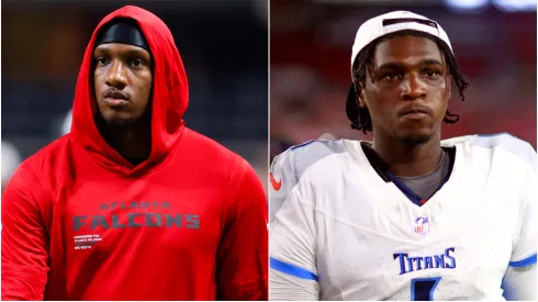 Michael Penix Jr. #9 of the Atlanta Falcons and Quarterback Cameron Ward #1 of the Tennessee Titans.