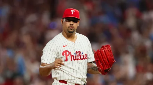 Jhoan Duran #59 of the Philadelphia Phillies reacts after a strikeout to close the game against the Detroit Tigers at Citizens Bank Park on August 03, 2025 in Philadelphia, Pennsylvania. The Phillies won 2-0.

