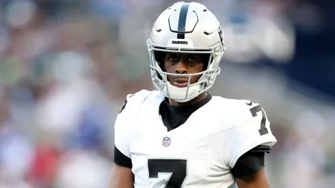 Geno Smith #7 of the Las Vegas Raiders looks on during the NFL Preseason 2025 game between Las Vegas Raiders and Seattle Seahawks at Lumen Field on August 07, 2025 in Seattle, Washington.