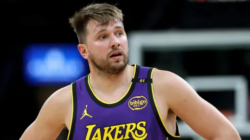 Luka Doncic #77 of the Los Angeles Lakers reacts during the second half against Boston Celtics.