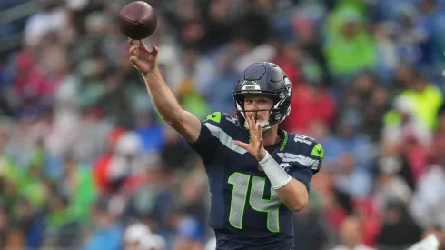 Sam Darnold #14 of the Seattle Seahawks throws the ball during the first quarter of the NFL Preseason 2025 game between Kansas City Chiefs and Seattle Seahawks at Lumen Field