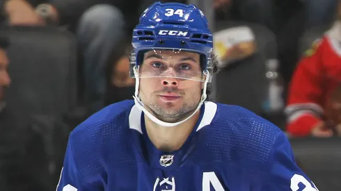 Auston Matthews #34 of the Toronto Maple Leafs looks for a pass against the Chicago Blackhawks during an NHL game at Scotiabank Arena on December 11, 2021 in Toronto, Ontario, Canada.