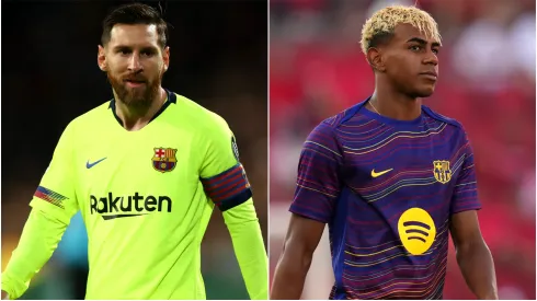 Lionel Messi during his time with Barcelona and Lamine Yamal #10 of Barcelona.