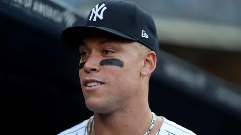 Aaron Judge #99 of the New York Yankees looks on before the game against the Minnesota Twins at Yankee Stadium on August 12, 2025 in the Bronx borough of New York City.
