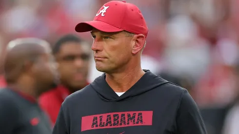 Head coach Kalen DeBoer of the Alabama Crimson Tide looks on during warmups prior to facing the Georgia Bulldogs at Bryant-Denny Stadium on September 28, 2024 in Tuscaloosa, Alabama.