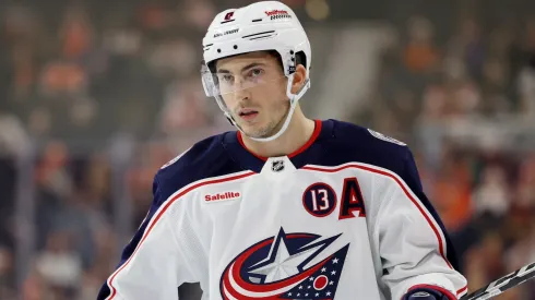 Zach Werenski #8 of the Columbus Blue Jackets looks on during a game against the Philadelphia Flyers at the Wells Fargo Center on December 21, 2024 in Philadelphia, Pennsylvania.