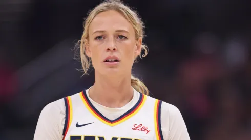 Sophie Cunningham #8 of the Indiana Fever looks on against the Chicago Sky during the second half at the United Center on July 27, 2025 in Chicago, Illinois.