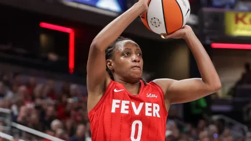 Kelsey Mitchell #0 of the Indiana Fever shoots the ball during the first half against the Washington Mystics at Gainbridge Fieldhouse