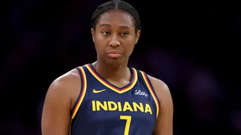 Aliyah Boston #7 of the Indiana Fever looks on during the first half of a game against the Los Angeles Sparks at Crypto.com Arena on August 05, 2025 in Los Angeles, California.