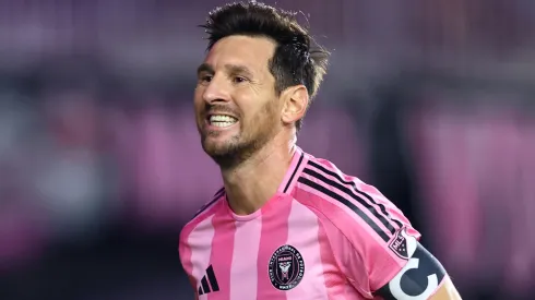 Lionel Messi #10 of Inter Miami CF celebrates after scoring the team's second goal during the MLS match between Inter Miami CF and LA Galaxy.