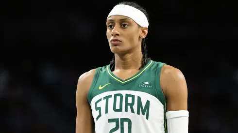 Brittney Sykes #20 of the Seattle Storm waits to shoot a free throw against the Las Vegas Aces in the fourth quarter of their game at Michelob ULTRA Arena on August 08, 2025.