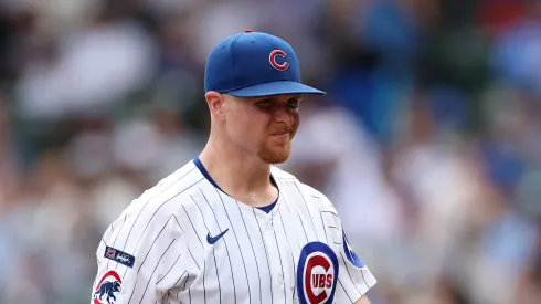 Cade Horton #22 of the Chicago Cubs reacts against the Milwaukee Brewers during the first inning in game one of a doubleheader at Wrigley Field on August 18, 2025 in Chicago, Illinois.
