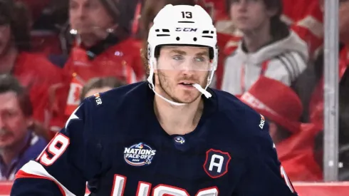 Matthew Tkachuk #19 of Team USA skates against Team Canada during the second period in the 4 Nations Face-Off game at the Bell Centre on February 15, 2025 in Montreal, Quebec, Canada.
